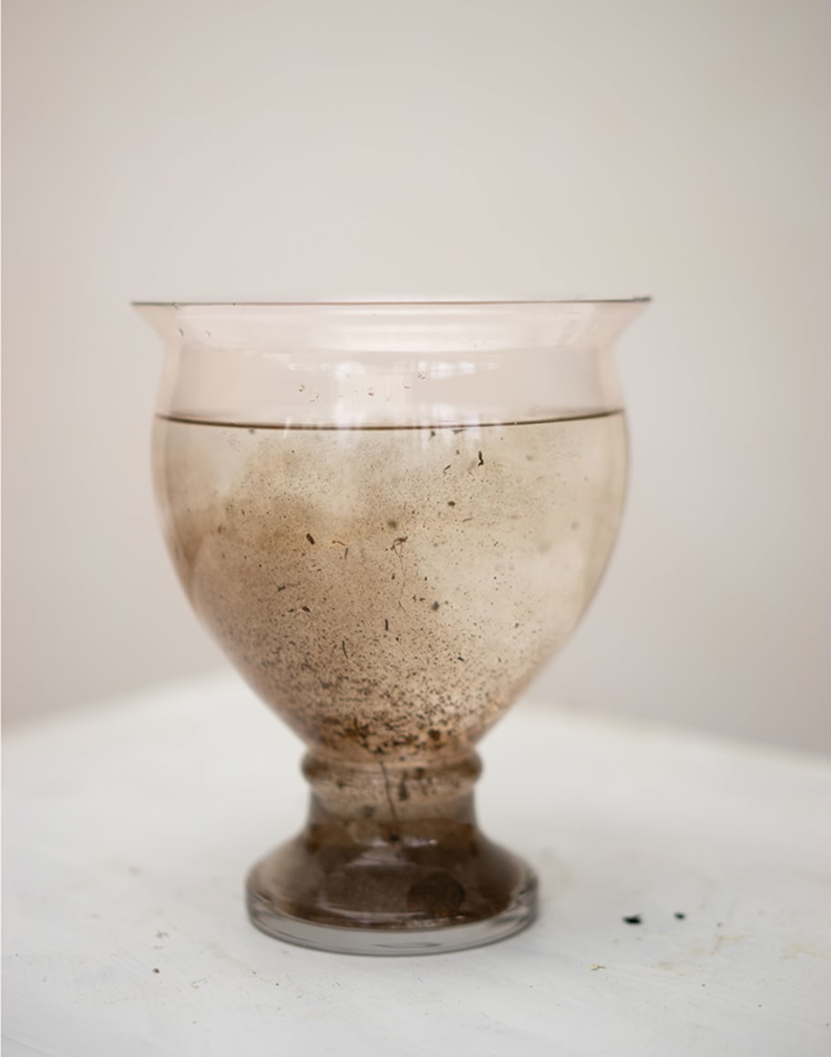goblet shaped glass filled with turbid water