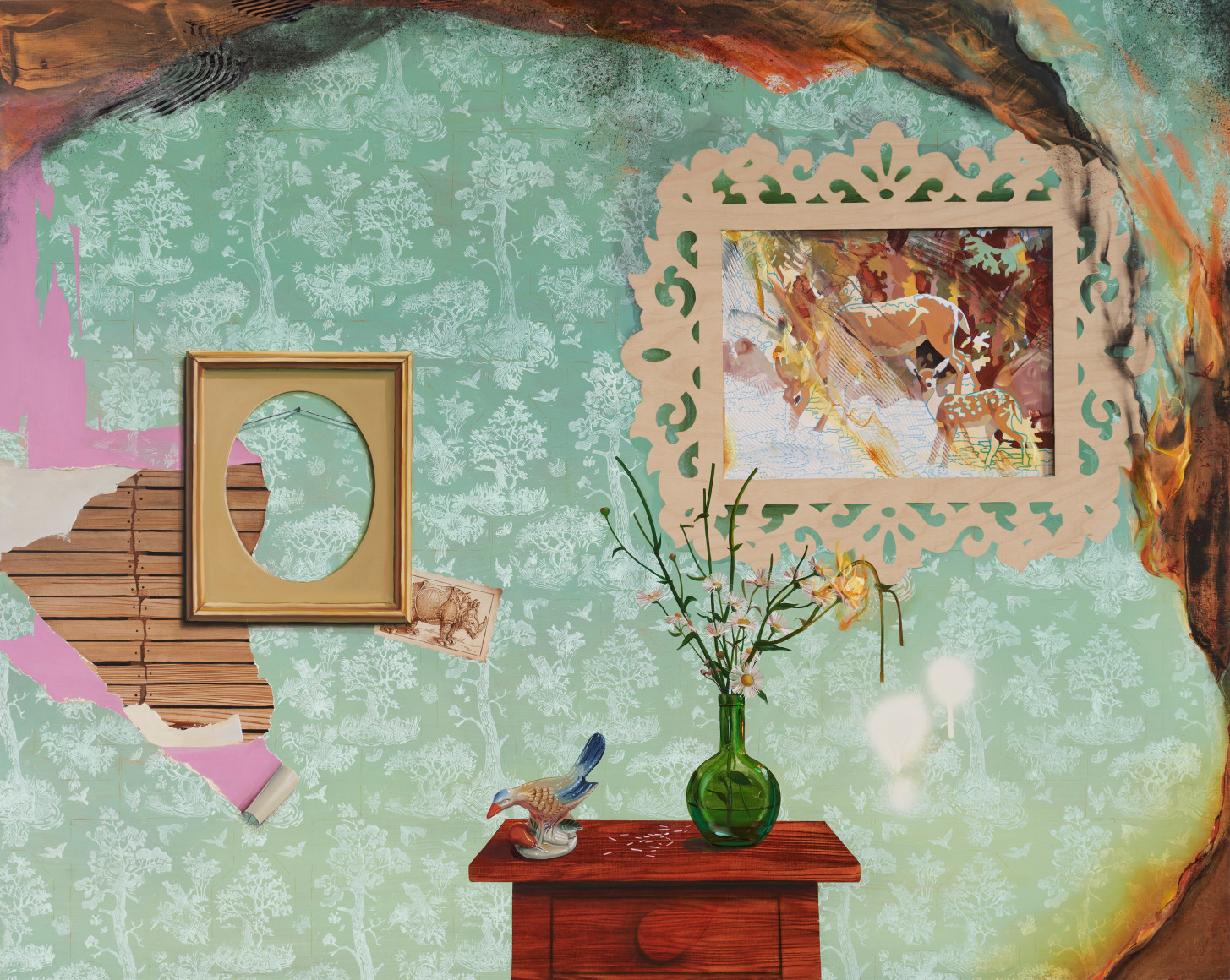 Painting by Margaret Curtis of interior wall with hanging frames, exposed wood, small table, and flames