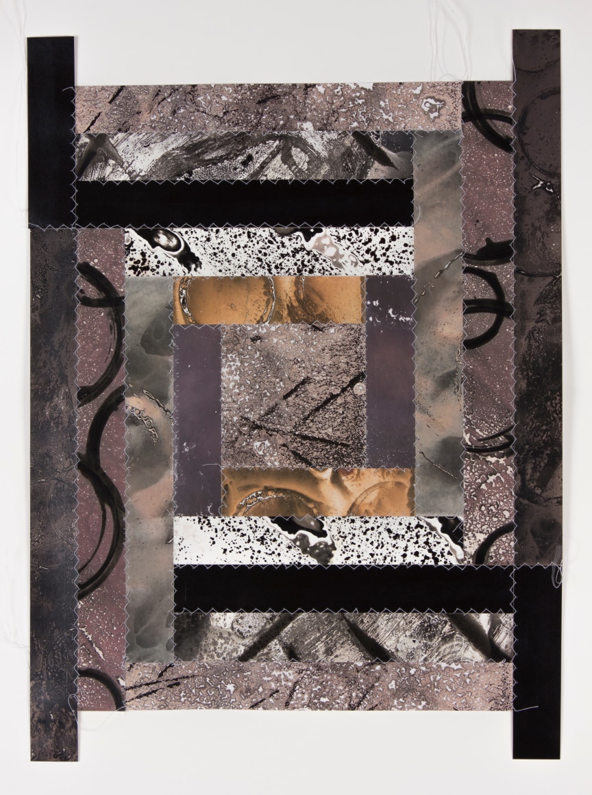 Bridgett Conn  Pattern Speak #2, 2018  Chemigram with hand stitching  19 1/2h x 15 1/2w  Unique, patterned chemigram strips hand sewn together to create a quilt like aquare