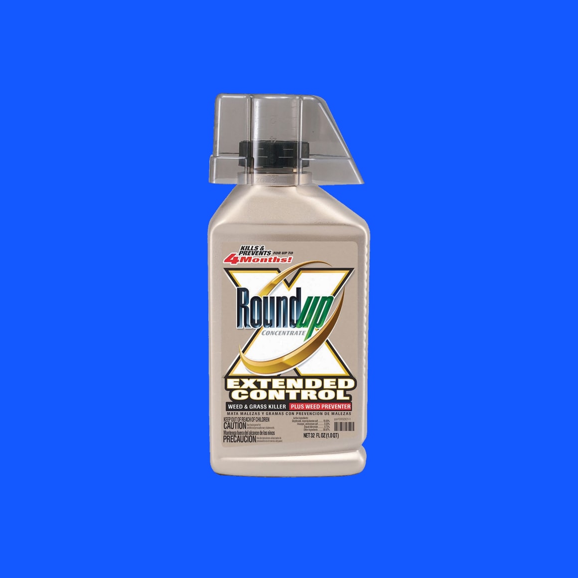 Roundup Extended Control, 2022  from the series Pesticide Pop Archival pigment print mounted to Dibond  44 x 44 inches  Edition of 1, grey bottle of Roundup pesticide on bright blue background