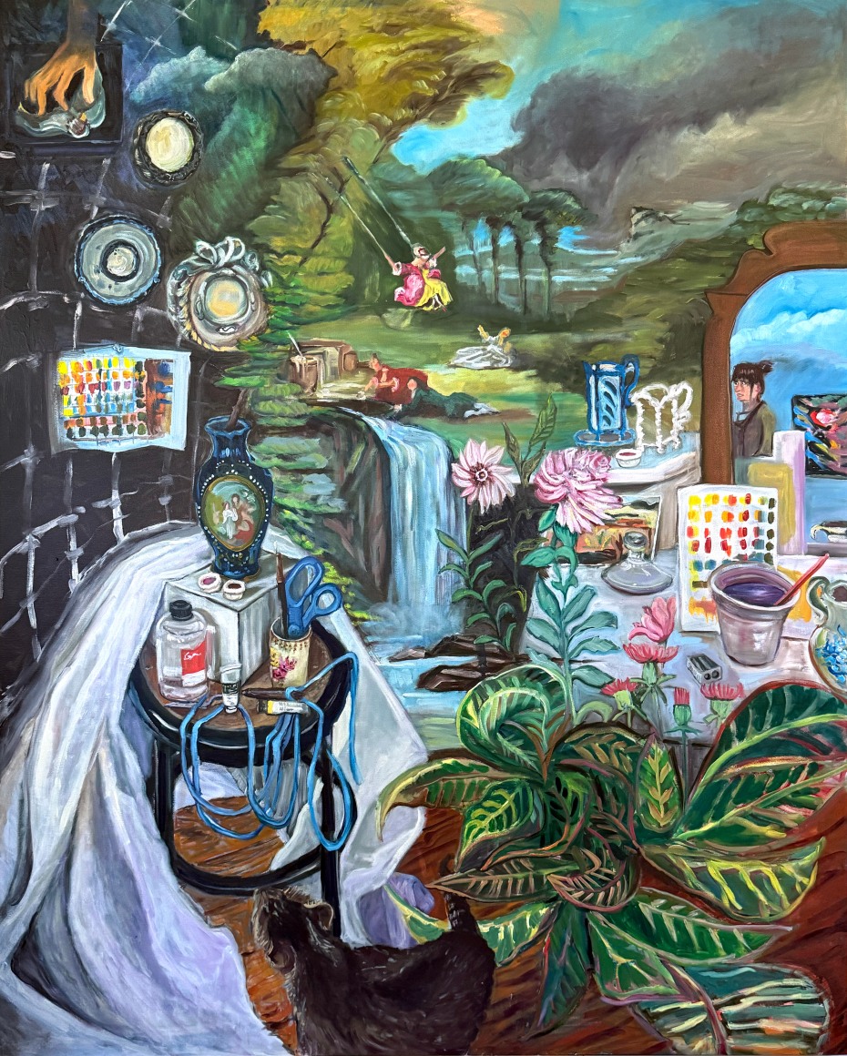 Vertical oil painting of the interior of an artist studio morphing into a courtship painting with the reflection of the artist