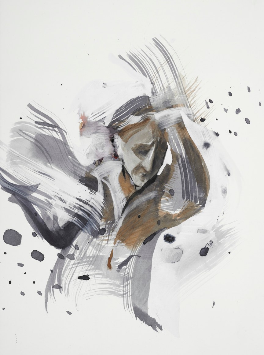 Margaret Curtis  Woman Swarmed by Flies (small), 2019  Ink on paper  14h x 11w in 35.56h x 27.94w cm  Framed: 18h x 14 1/2w in 45.72h x 36.83w cm, Drawing of woman swatting flies, central composition, 3/4 length figure, rust, white and black ink wash