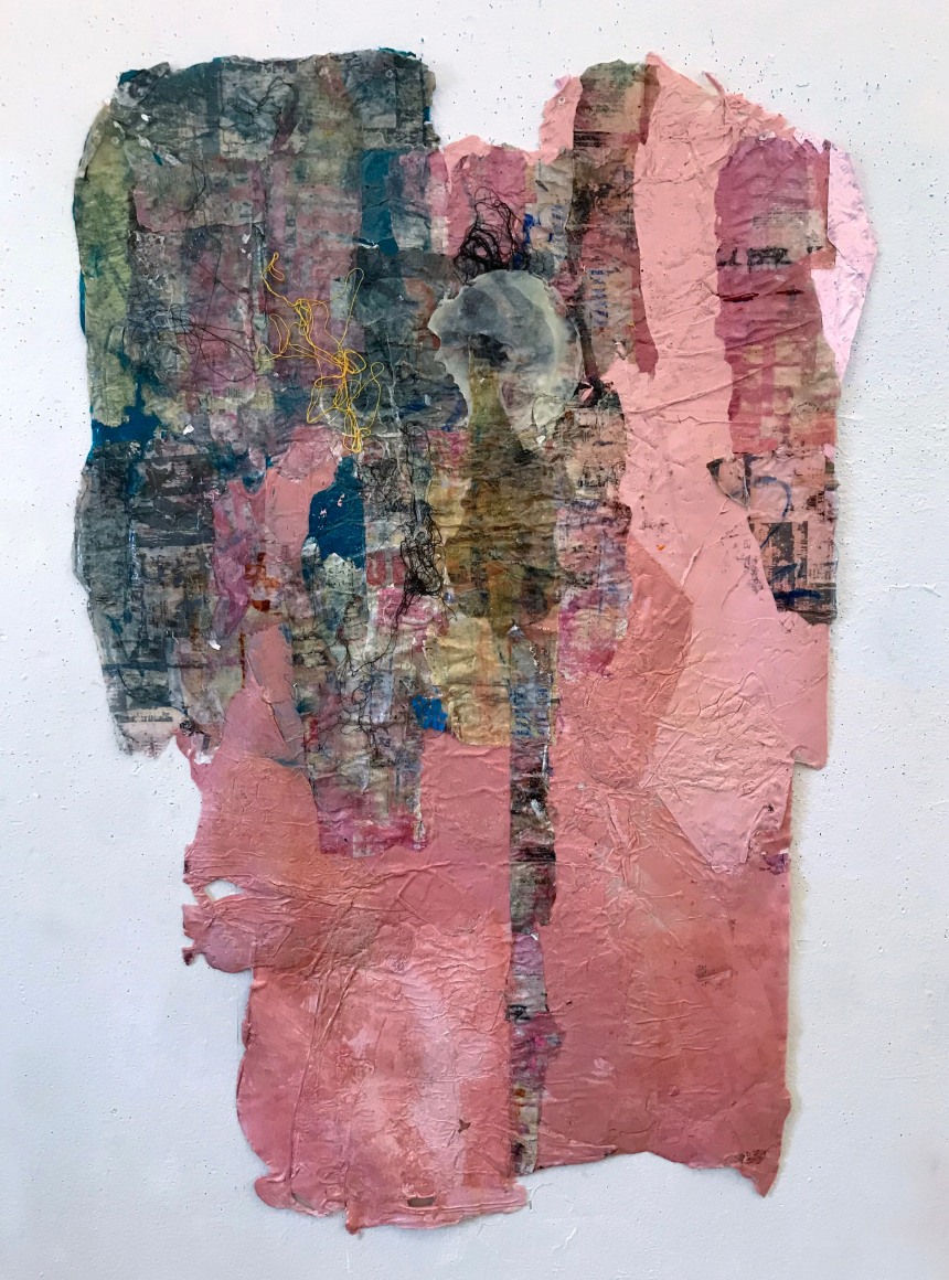 Antoine Williams  Portrait of a Super Predator Who No one Believed So They Said She was Talking Out the SIde of Her Neck, 2018  acrylic on acrylic skin  48h x 36w in 121.92h x 91.44w cm  AW_001, Pinks, patterns with blue, red yellow, vertial orientation