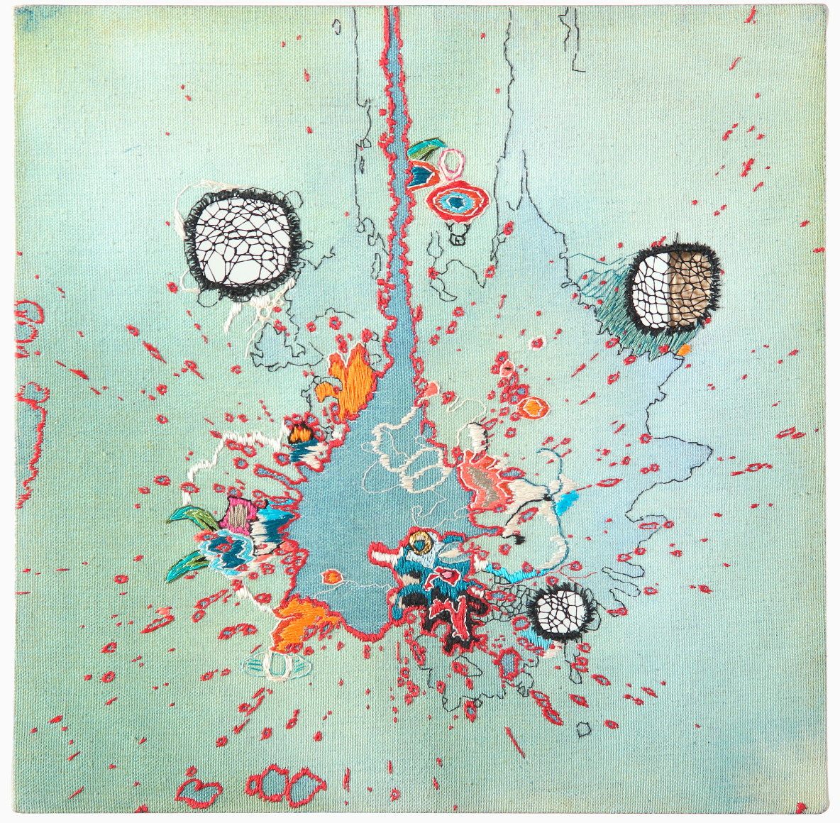 Nava Lubelski  War Games, 2015  Stitching and acrylic paint on canvas  12h x 12w in 