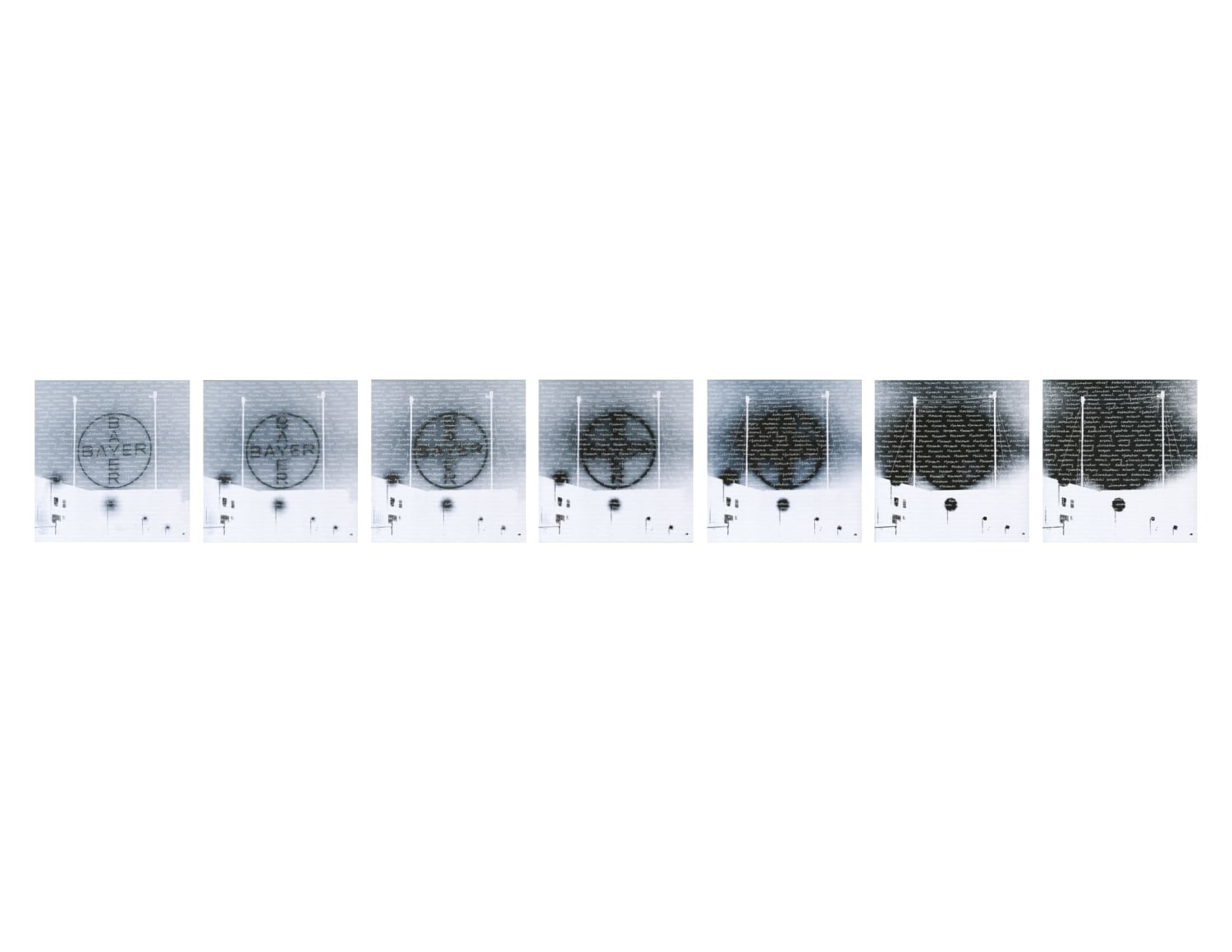Multi-panel grey scale print with handwritten text overlay
