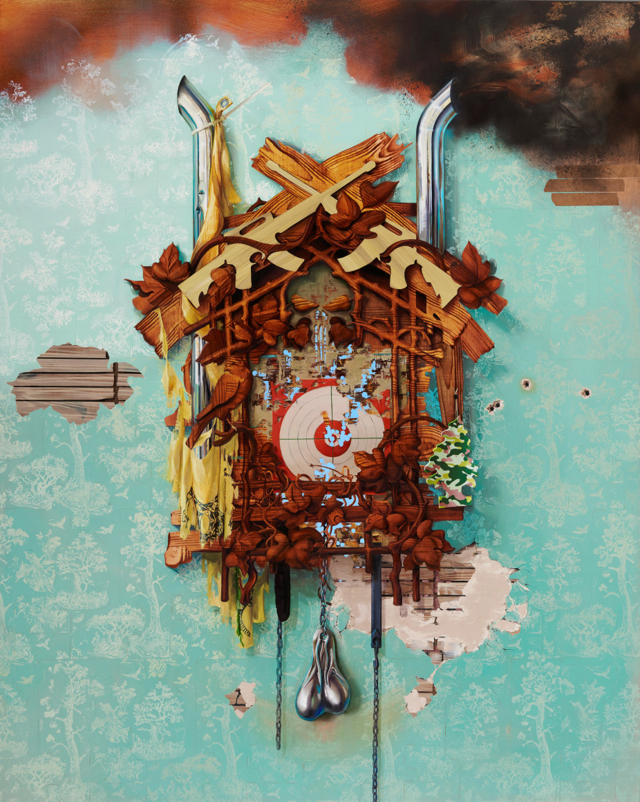 Painting by Margaret Curtis of a Cuckoo Clock with iconography