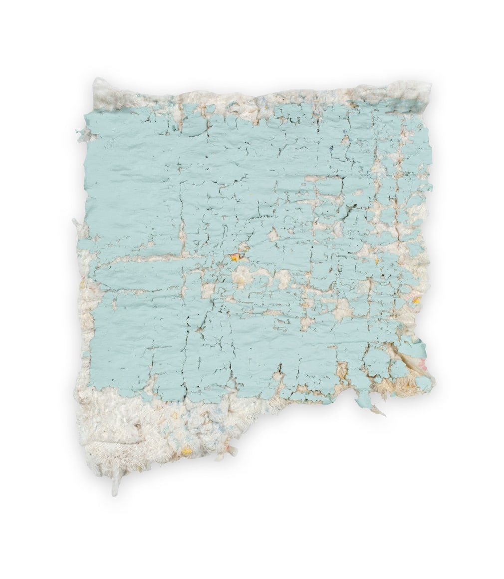 Rachel Meginnes  Interstice, 2019, Mixed Media, Deconstructed quilt, hand stitching and acrylic  8h x 7 1/4w in 20.32h x 18.42w cm  Unique