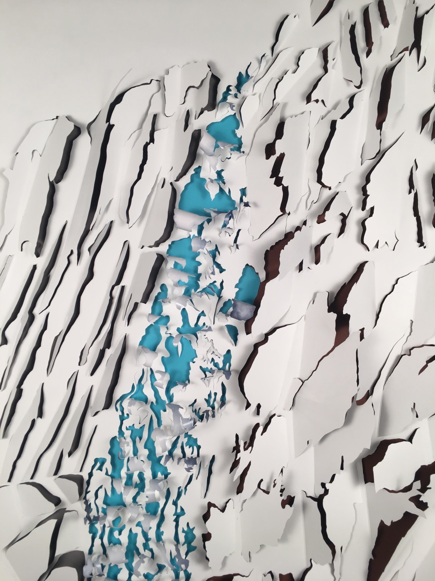 Nicholas Hall  Poster #4 (Yosemite Falls), 2017  Dimensional Paper Cut-Out with collage  30h x 20w in, Unique, Work on paper