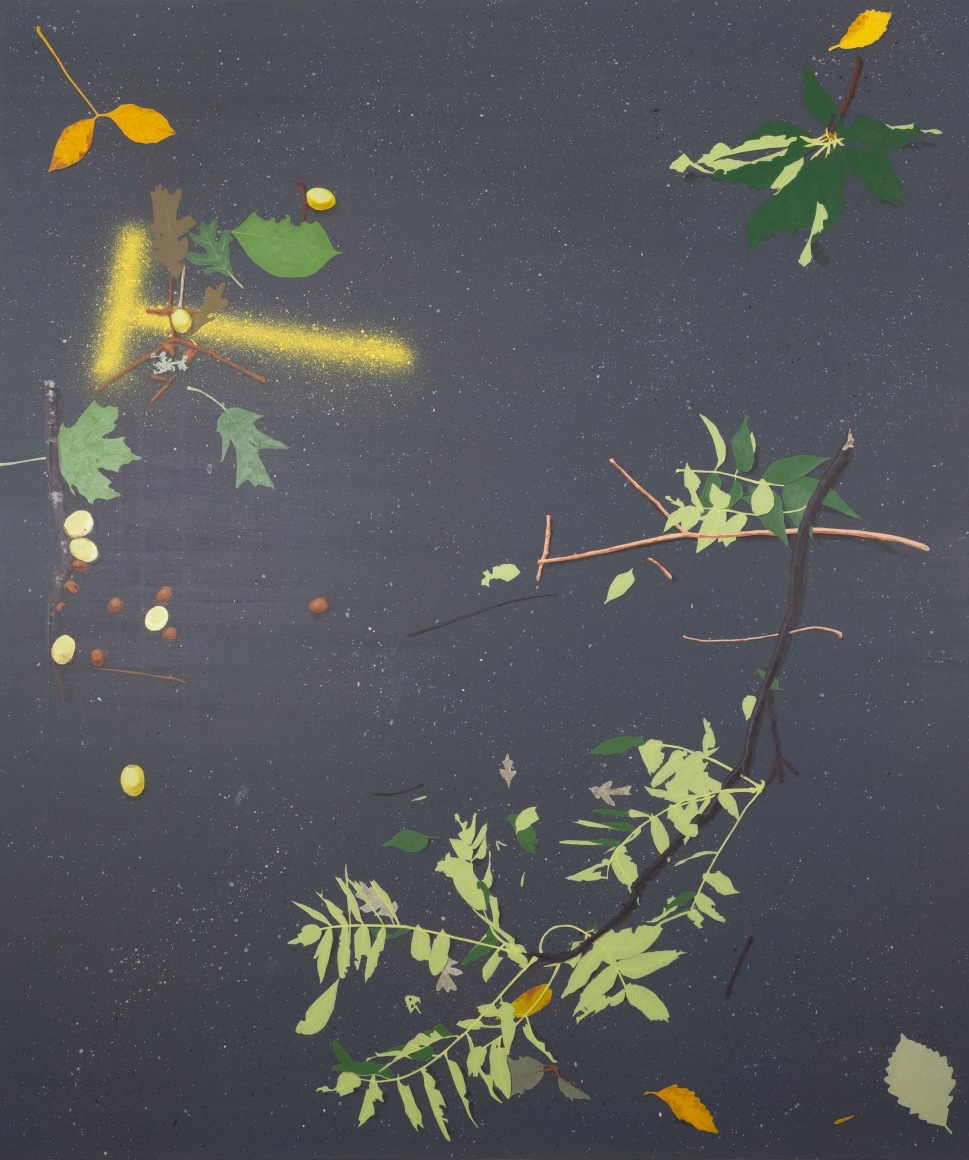 Hannah Cole  After the Storm, 2017  Acrylic on canvas  55 1/2h x 46 1/2w in - A large acrylic painting featuring sparse vegetation over a grey background speckled with white dots