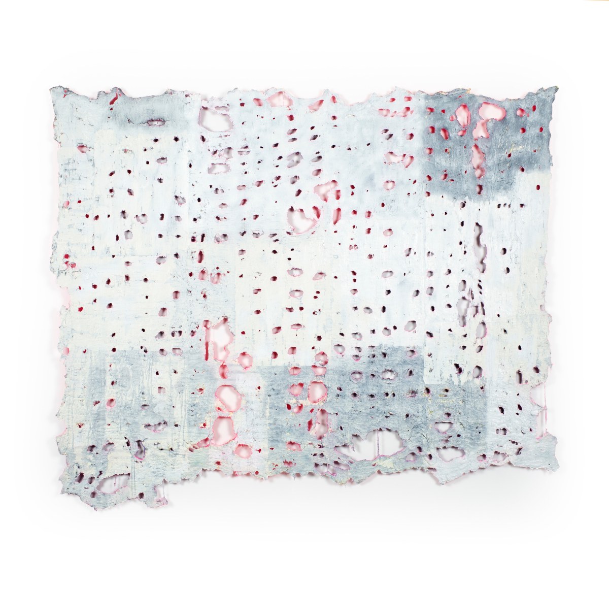 Rachel Meginnes  Plain Sight, 2019, Mixed Media, Deconstructed quilt, hand stitching, image transfer, acrylic, and spray paint.  54h x 65w in 137.16h x 165.10w cm  Unique  RM_027