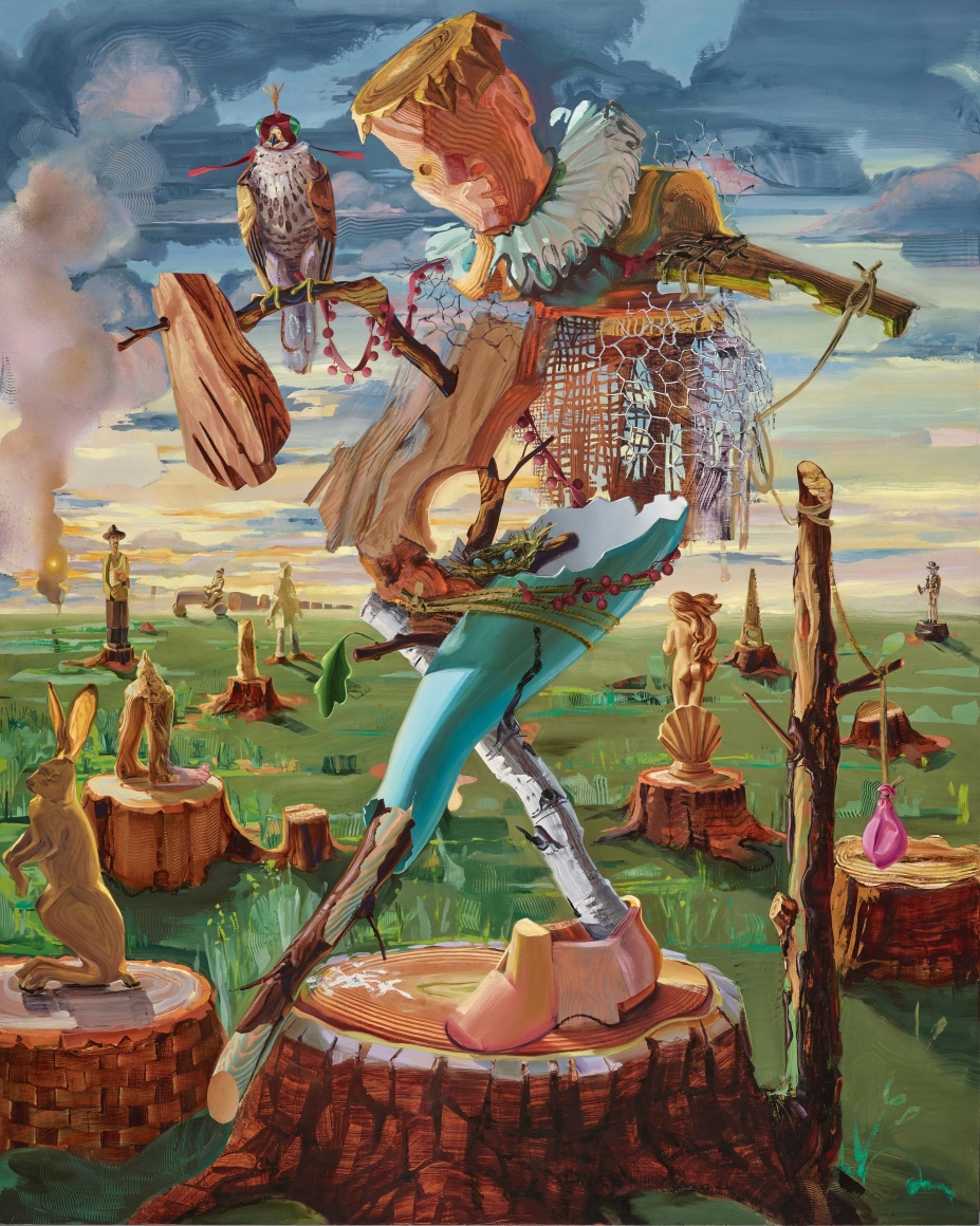 Margaret Curtis  The Falconer, 2020  Oil on Panel  60h x 48w in 152.40h x 121.92w cm  MC_052, oil painting of a surreal landscape of felled trees carved into sculptures while a wooden lord bows in the foreground