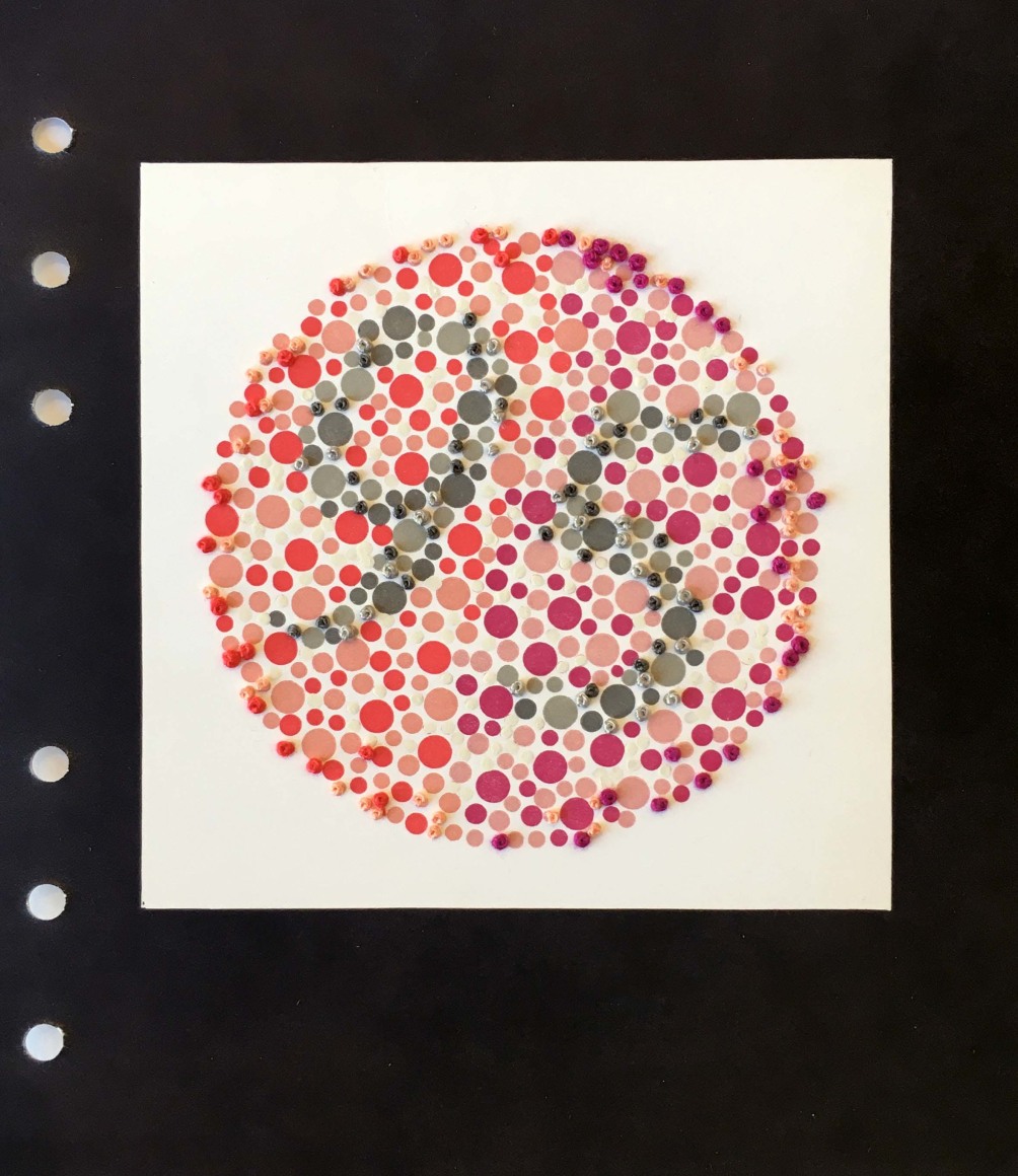 Lydia See  Colorblindness Test - #95, 2021  &ldquo;Dvorine Pseudo-Isochromatic Plates&rdquo;, cotton embroidery thread, gouache  6 3/4h x 6w in 17.15h x 15.24w cm  LS_016, hand stitched and painted colorblindness test of a green number 96
