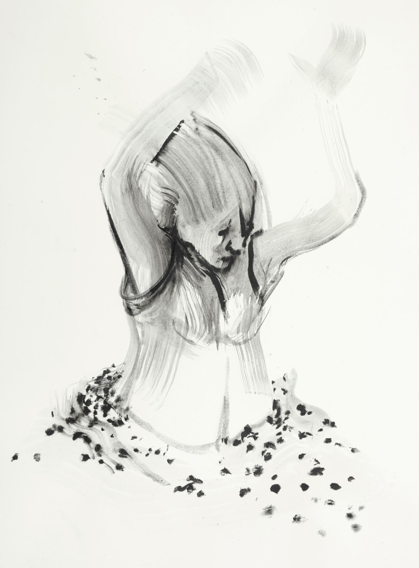 Margaret Curtis  Woman Swarmed by Ants, 2019  Charcoal on paper  30h x 22w in 76.20h x 55.88w cm  Framed: 33h x 25w in 83.82h x 63.50w cm, Gestural drawing of a woman being swarmed by ants, arms in the air, 3/4 length body, central compositions, black and grey ink wash