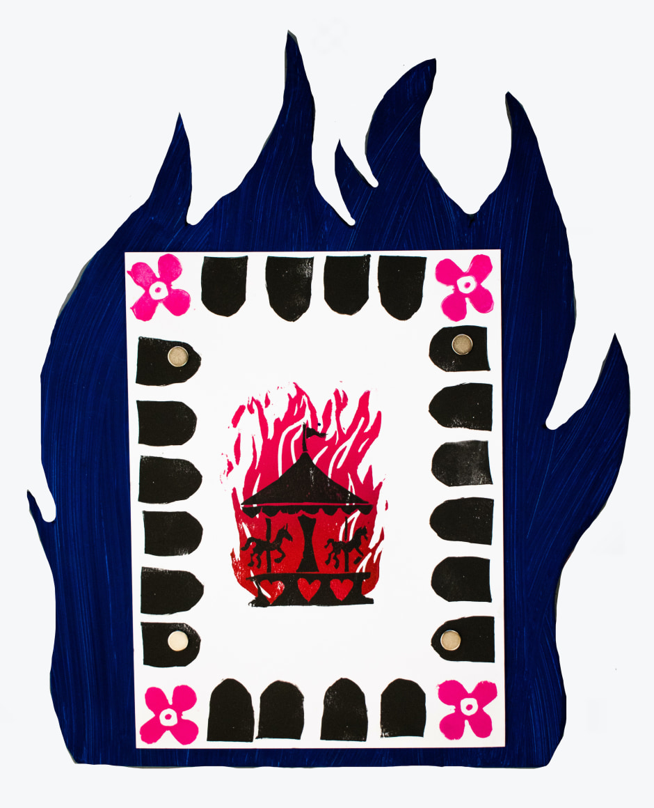 Lex Turnbull  It's a Bit like a Merry-Go-Round, 2020  relief print on bristol in artist made mount  12h x 8w in 30.48h x 20.32w cm  LT_003, print of a black merry-go-round on fire (red), with crenelations mounted to a bright blue wooden flame
