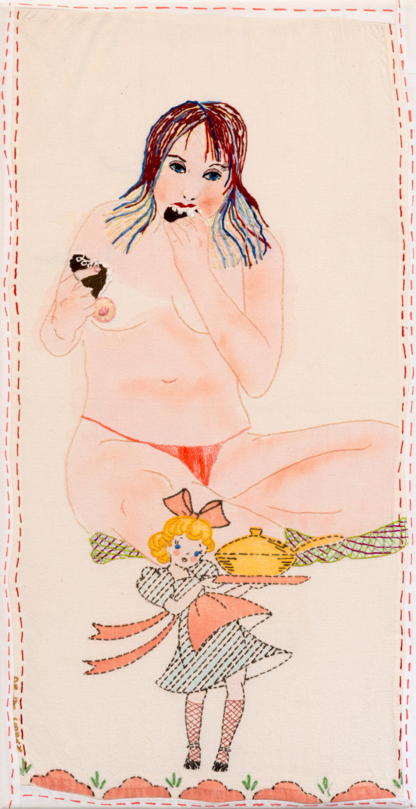 Image of figure hand-embroidered on vintage linen