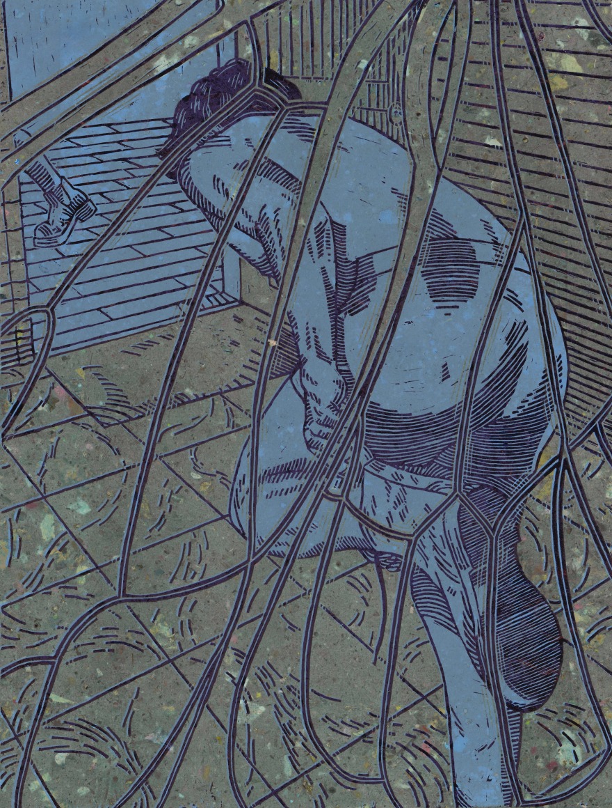 a bent over figure reaches for a doorway while other figures pass by