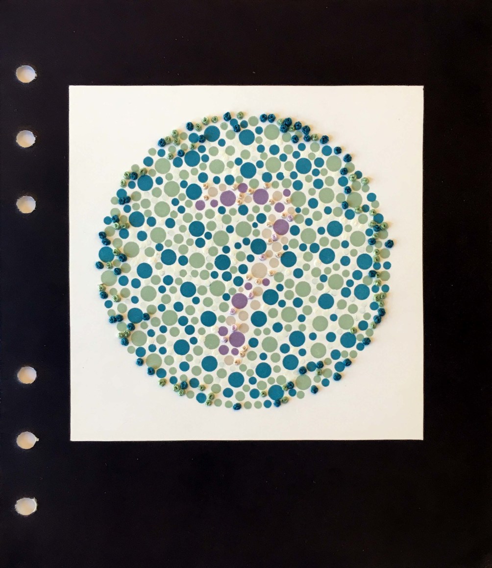Lydia See  Colorblindness Test - #7, 2021  &ldquo;Dvorine Pseudo-Isochromatic Plates&rdquo;, cotton embroidery thread, gouache  6 3/4h x 6w in 17.15h x 15.24w cm  LS_013, hand stitched and painted colorblindness test of a blue green number 7