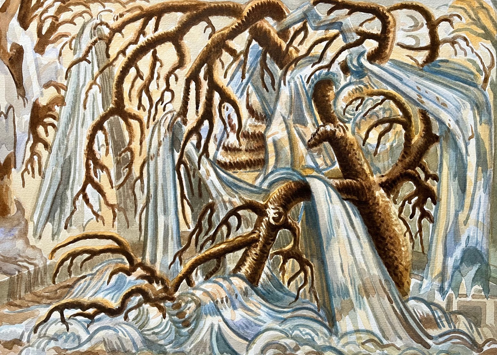 watercolor of trees being flooded with water