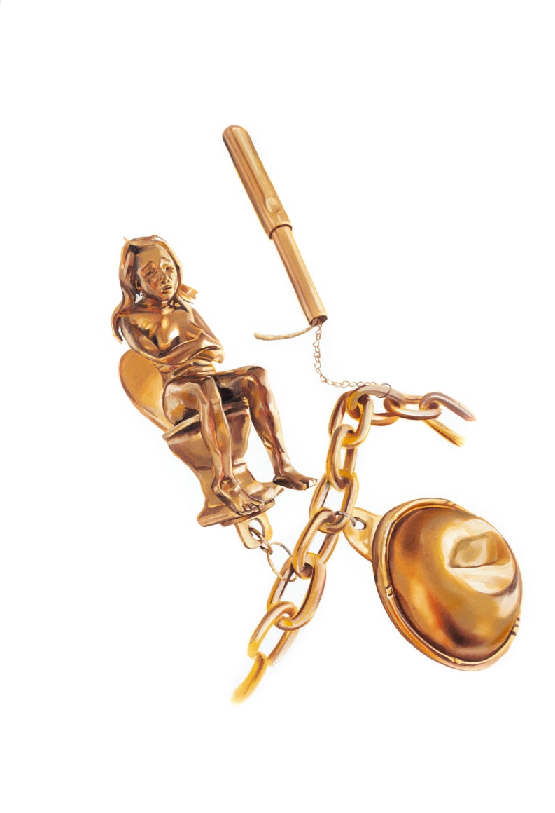 Margaret Curtis  Miscarriage, Infertility, Cramping, Perimenopausal Bleeding, from the series &quot;A Charm Bracelet of My Reproductive Career&quot;, 2020  Oil on paper  15h x 11w in 38.10h x 27.94w cm  Framed: 18h x 14 1/2w in 45.72h x 36.83w cm, gold toned image of woman in pain sitting on toilet