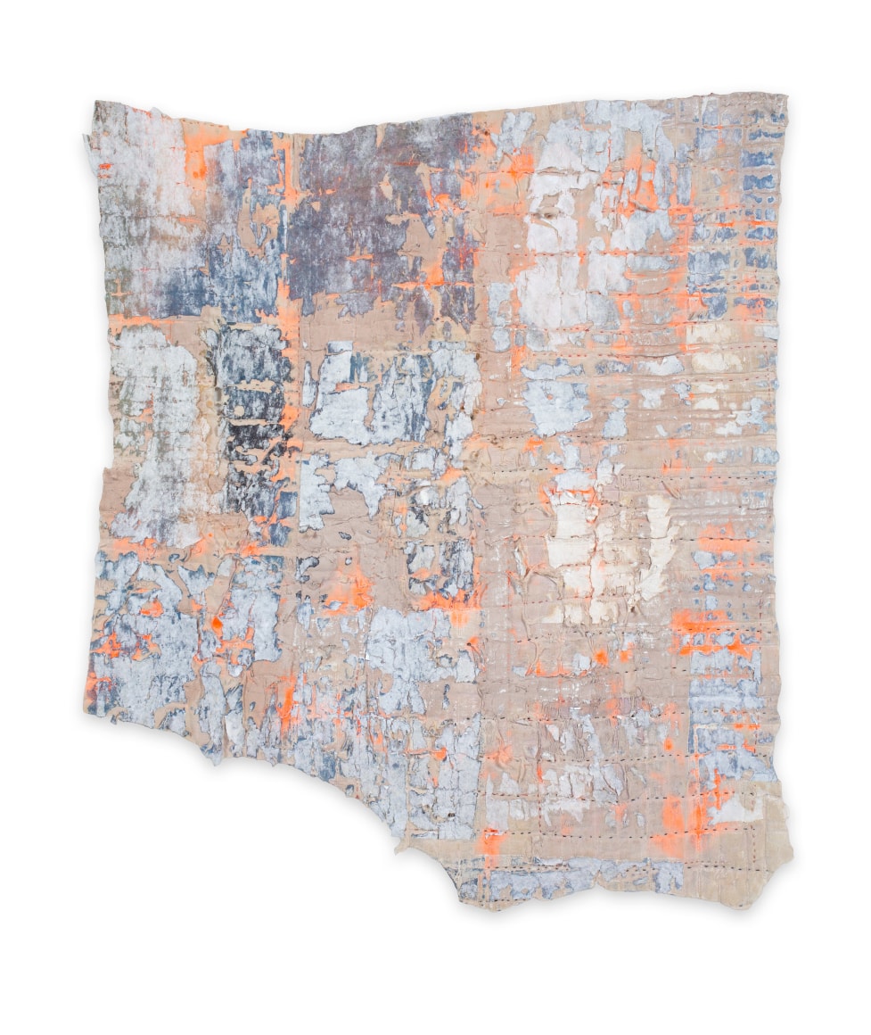 Rachel Meginnes  Tell Tale, 2019, Mixed Media, Deconstructed quilt, machine stitching, image transfer, and acrylic  31 1/4h x 27w in 79.38h x 68.58w cm  Unique