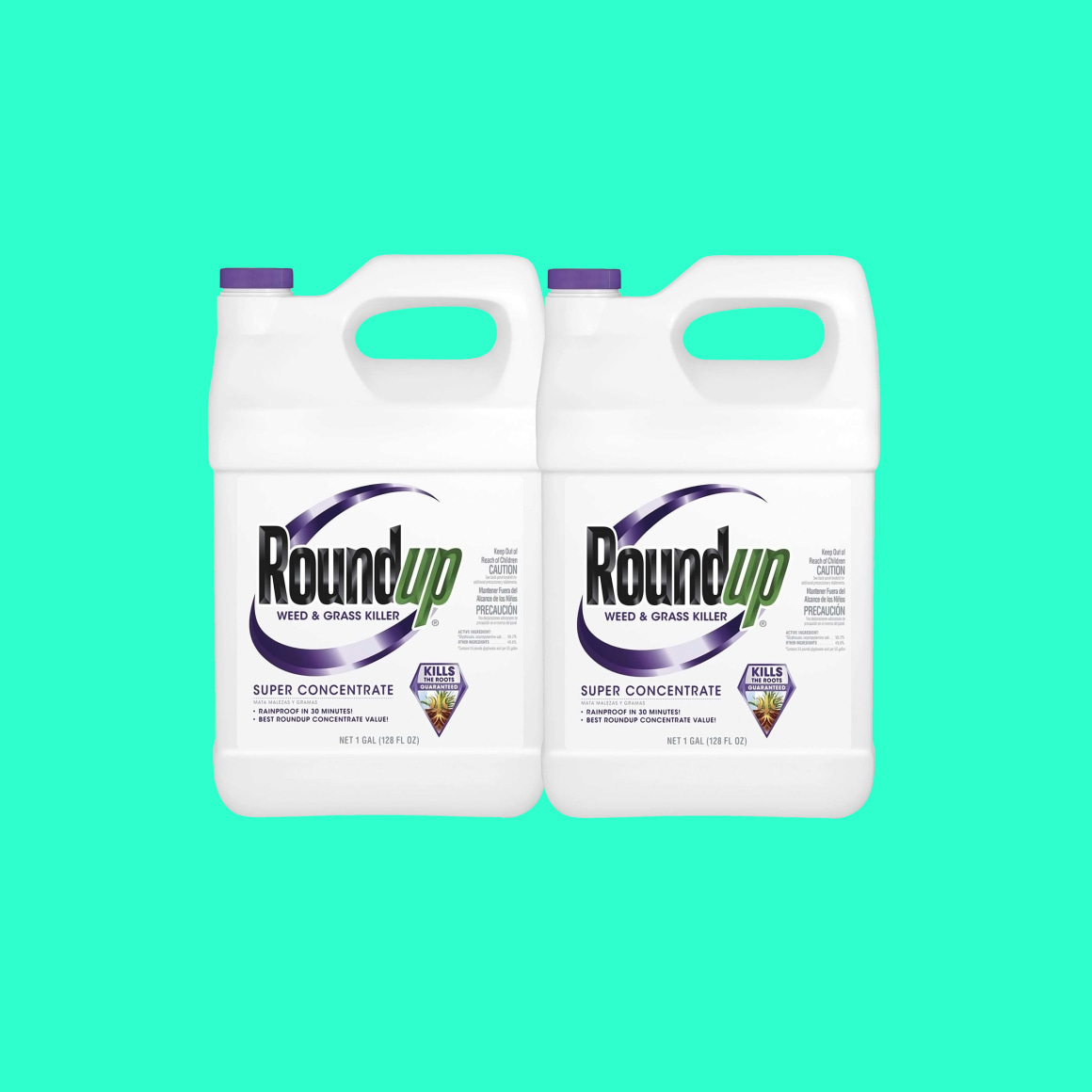 Bright green background with two bottles of Double Roundup, square image.