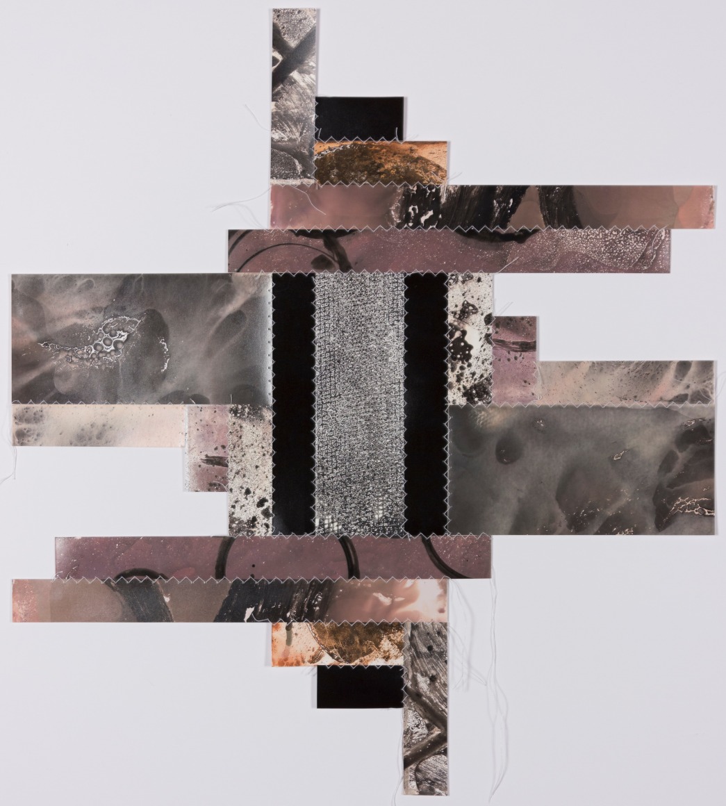 Bridget Conn  Pattern-Speak #7, 2018  Silver Gelatin Photographic Chemigram collage, thread 16h x 18w in