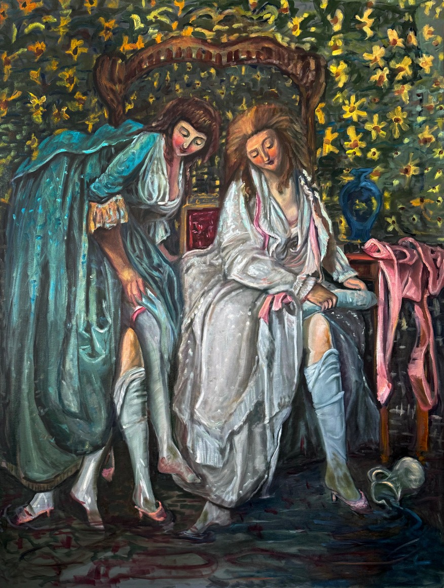 Two women in period satin dress take off wet stockings in front of a floral backdrop