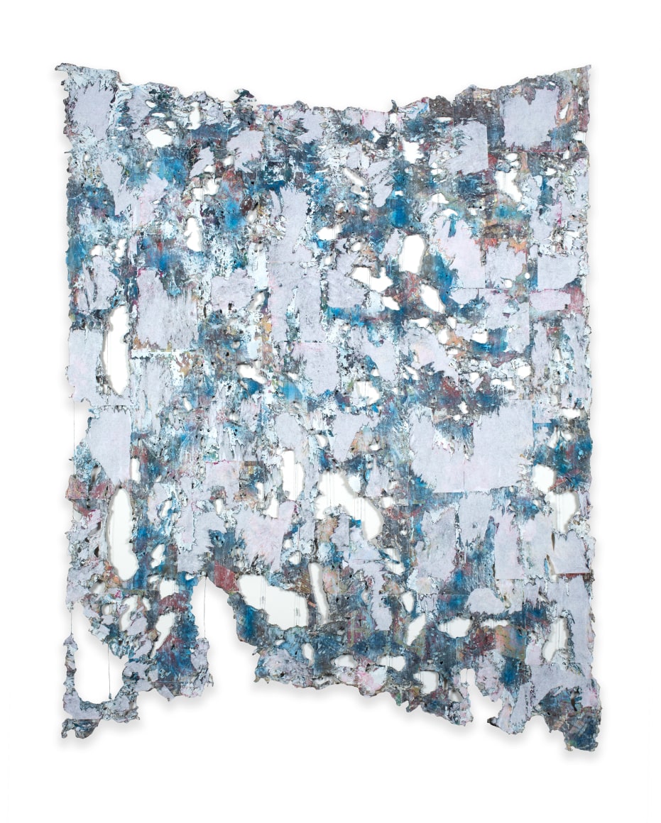Rachel Meginnes  Bloom, 2019, Mixed Media,  Deconstructed quilt, hand stitching, image transfer, acrylic, and spray paint.  78h x 61w in
