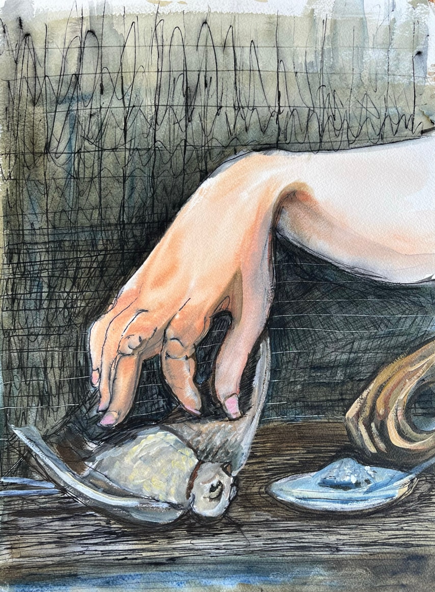 a woman's hand touches a small, dead bird on a table top, sketch
