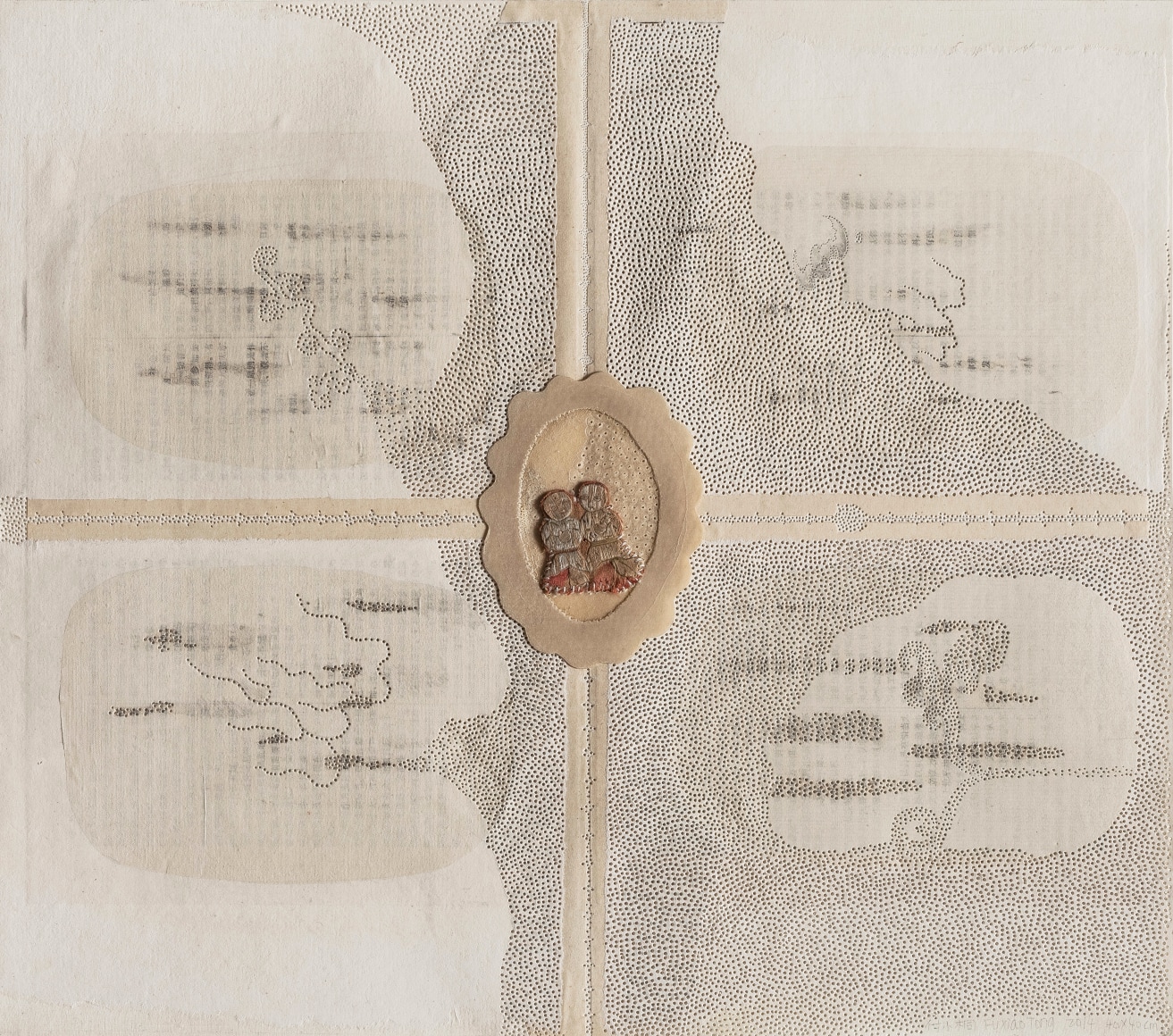 Gemini&nbsp;双子, 2014 Book pages, Xuan-paper, antique silk, embroidery 书页，宣纸，古绢，绣片