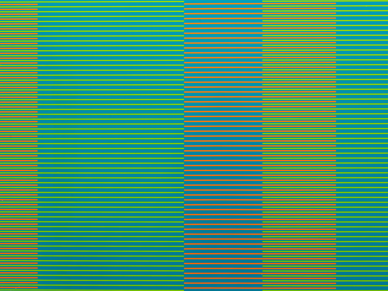Matthew Kluber - Split Infinitives (blue, yellow, orange), alkyd on aluminum, 30&quot; x 40&quot;, 2019, precisely striped narrow horizontal bands of the colors in the title that start and stop creating the illusion of five variously colored vertical elements