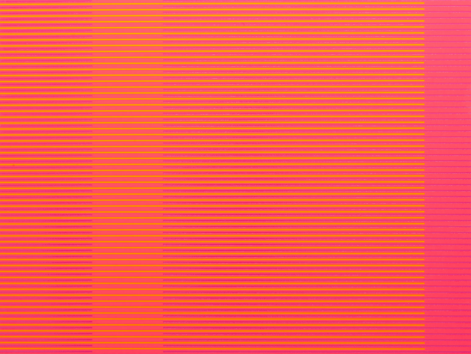 Matthew Kluber - Split Infinitives (pink, yellow, dark-magenta), alkyd on aluminum, 30&quot; x 40&quot;, 2019, precisely striped narrow horizontal bands of the colors in the title that start and stop creating the illusion of four subtly varied colored vertical elements