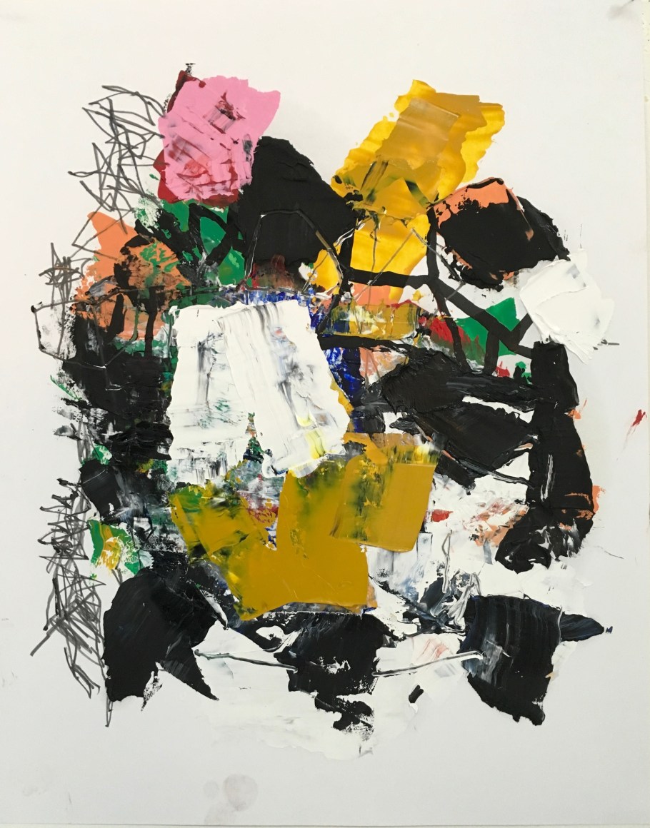 James Brinsfield oil painting and pencil with black shapes in a field in suggested rotation around warm white and cool yellow shapes