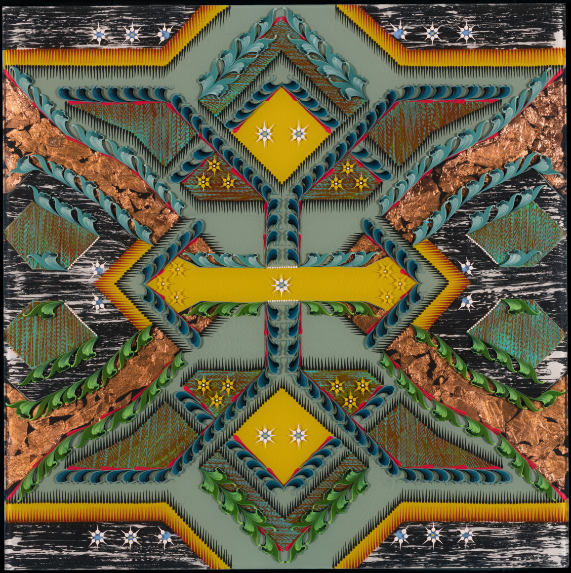 Tara Austin Star flower, Acrylic, oil and bronze leaf on plexiglass, 24&quot; x 24&quot;, 2020