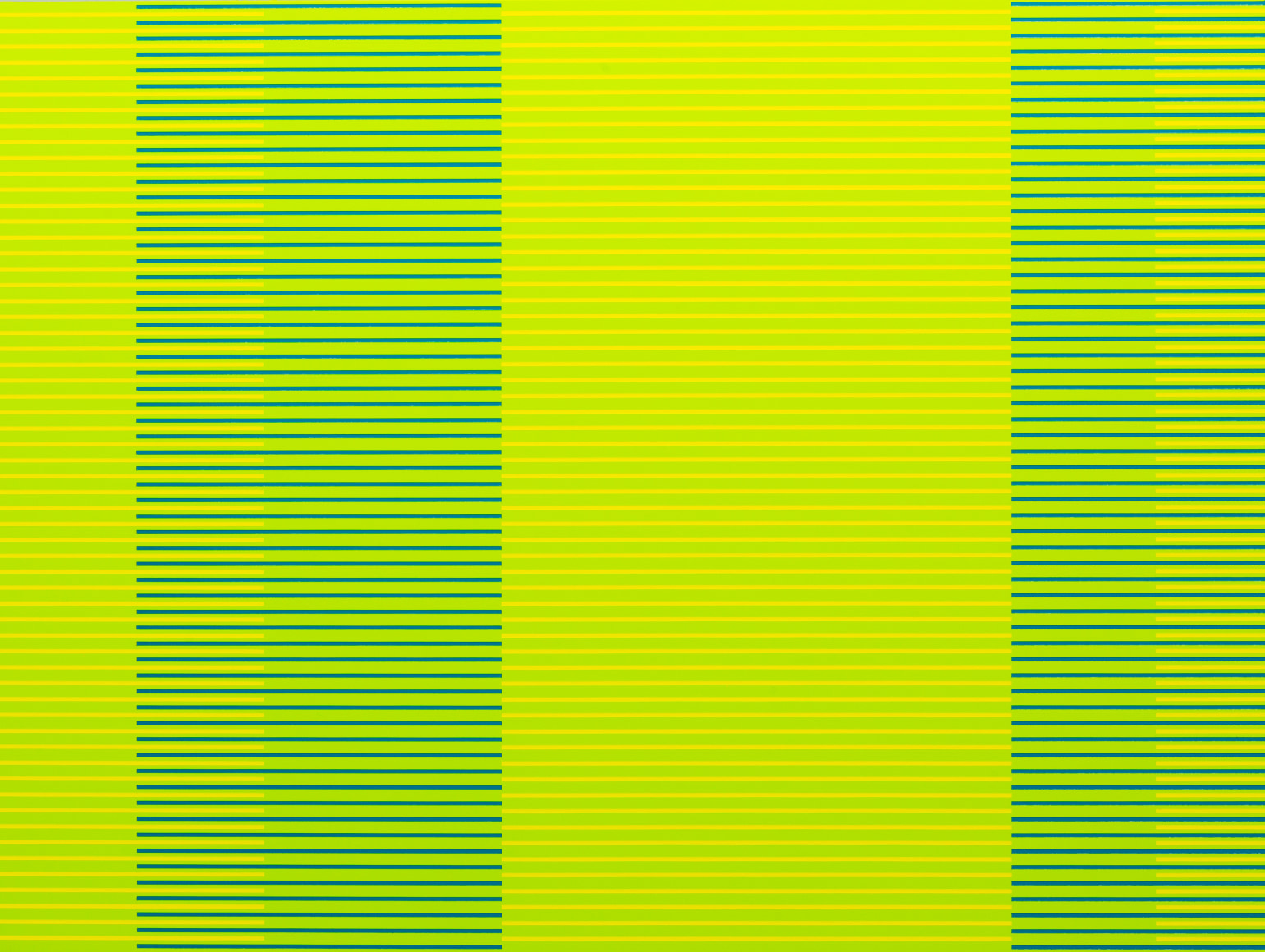 Matthew Kluber - Split Infinitives (green, chartreuse, blue-green), alkyd on aluminum, 30&quot; x 40&quot;, 2019, precisely striped narrow horizontal bands of the colors in the title that start and stop creating the illusion of four major variously colored vertical elements