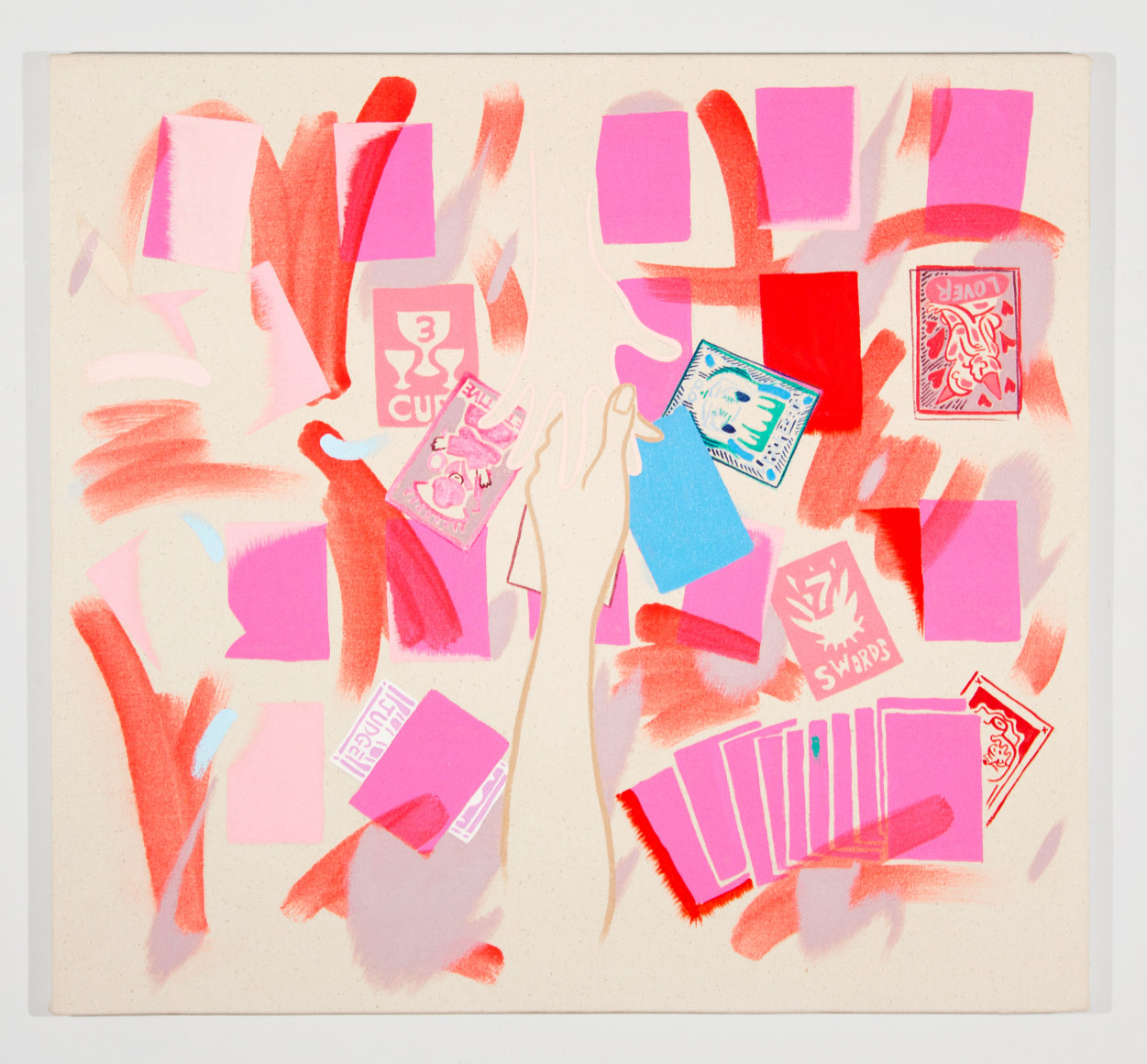 Peter Granados &quot;Tarot&quot;, acrylic on canvas on panel, 24&quot; x 26&quot;, 2017 pinks, oranges and soft grey/purple shapes, two arms and hands outlined and meeting each other in the middle, and of course tarot cards to be interpreted