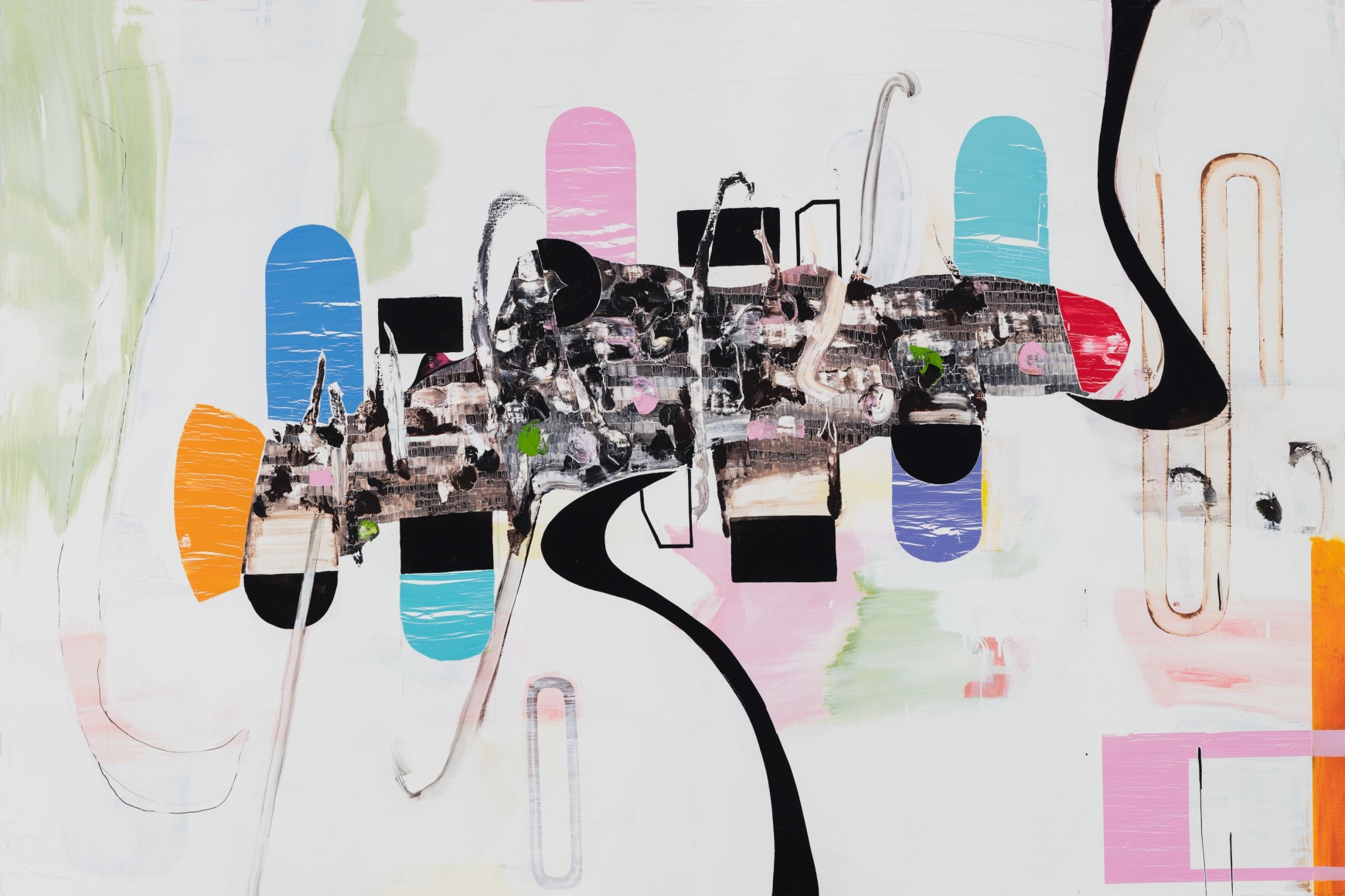 a large abstract James Brinsfield painting with warm light gray and green background, two prominent Nike swooshes, and colorful lozenge shapes pink and yellow like balloons or cotton candy with energetic mark making