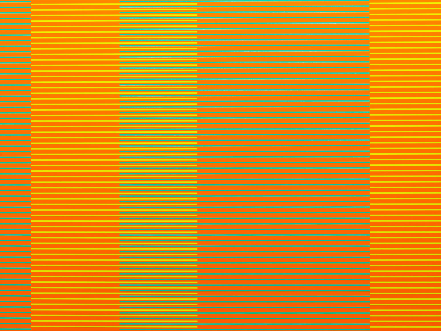 Matthew Kluber - Split Infinitives (orange, aqua, chartreuse), alkyd on aluminum, 30&quot; x 40&quot;, 2019, precisely striped narrow horizontal bands of the colors in the title that start and stop creating the illusion of five variously colored vertical elements