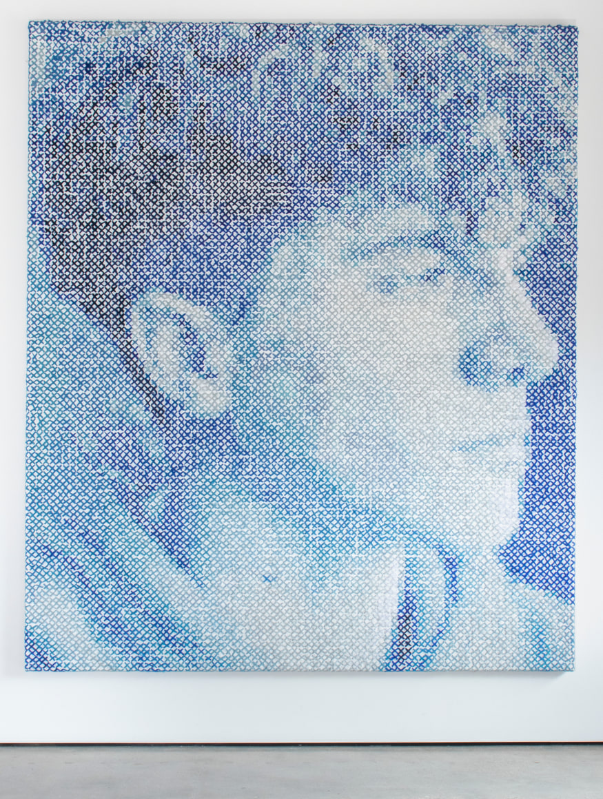Rocco at 16, 2022 Hand wool embroidery and acrylic on Belgian linen 95 1/2 x 80 1/2 inches