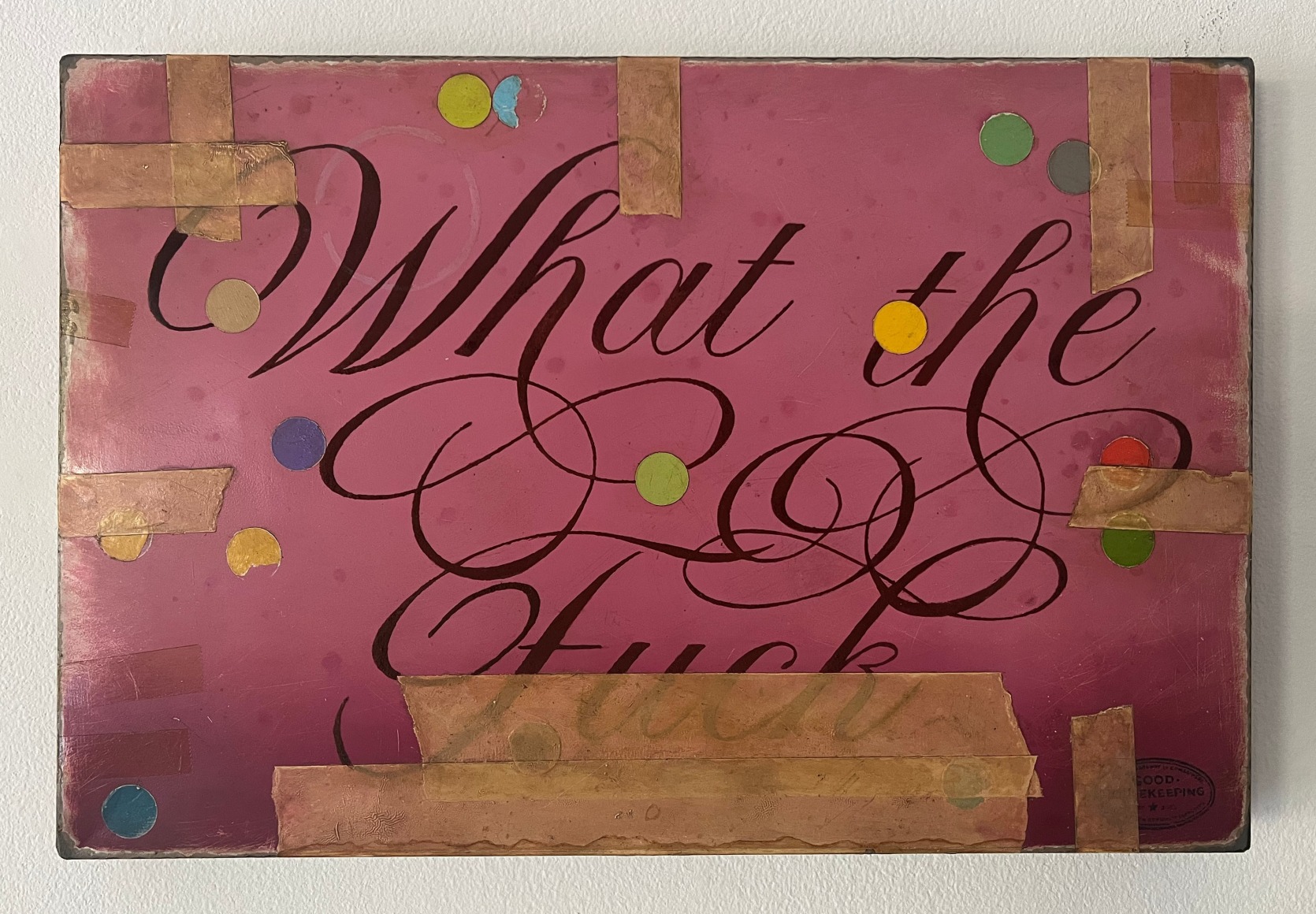 Untitled (WTF), 2022 Enamel, oil, polyurethane and dark roasted coffee on formed copper 13 x 18 x 1 1/2 inches