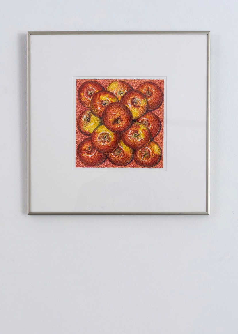Apples, 1989 Acrylic and pen on board 9¼ x 9¼ in. 18 x 18 in. (framed), Signed and dated 1989