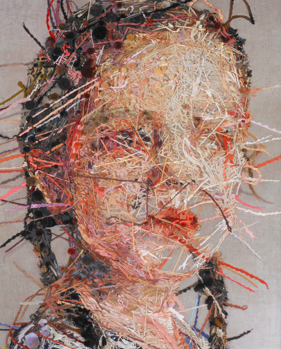 Unseen, 2019 Hand wool embroidery, acrylic paint, pom poms and sequins on raw Belgian linen