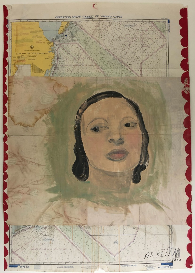 Untitled, 2020, Acrylic and pasted paper on vintage found map 