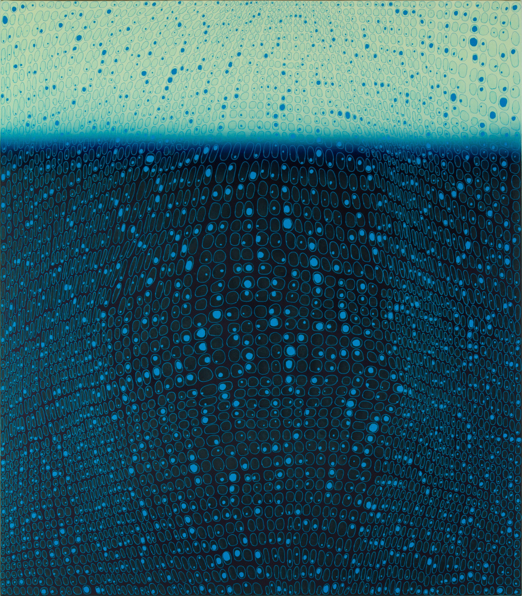 Teo Gonzalez, Arch/Horizon Painting 3, 2015, Acrylic on canvas over board, 42 x 36 inches. Off-white and dark grey background with signature grid on top. Teo Gonzalez was born in Spain, and his signature style are works that consist of thousands of drops of water, arranged into a grid pattern, inside of which a small amount of ink or enamel was dropped and left to dry.