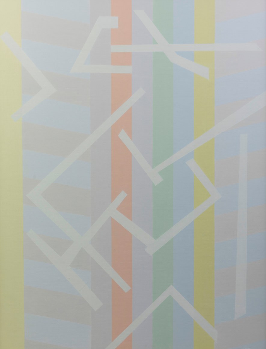 Felrath Hines, Hieroglyphic, 1985,  Oil on canvas, 40 x 52 inches. Soft composition with over lapping geometric shapes in grey and pastel colors. Felrath Hines worked to create universal visual idioms from a place of complex personal experience. His figurative and cubist-style artwork morphed into soft-edged organic abstracts as he grappled with hues in his chosen oil medium.