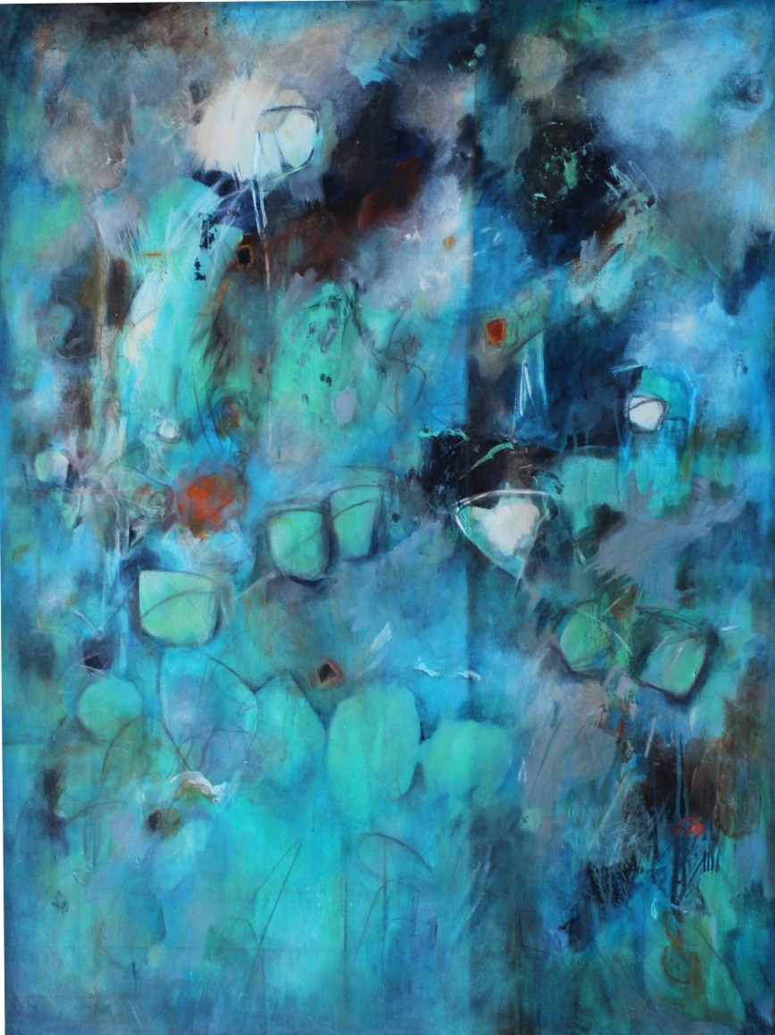 Diane Walker-Gladney, Racoon Dance Party, 2018, Acrylic and graphite on canvas, 48 x 36 inches, Abstract work with multiple hues of blue and turquoise, Diane Walker-Gladney celebrates and paints her childhood experiences and insignificant moments that she feels defines her story.