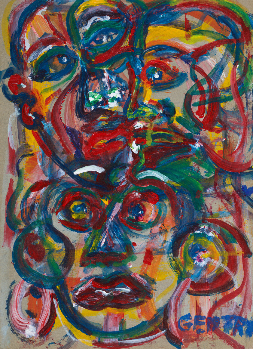 Herbert Gentry, Three Ways, 1994, Acrylic on board, 11 1/2 x 8 1/4 inches,  Outlined and overlapped portraits in red, blue, green and yellow. Herbert Gentry painted in a semi-figural abstract style, suggesting images of humans, masks, animals and objects caught in a web of circular brush strokes, encompassed by flat, bright color.