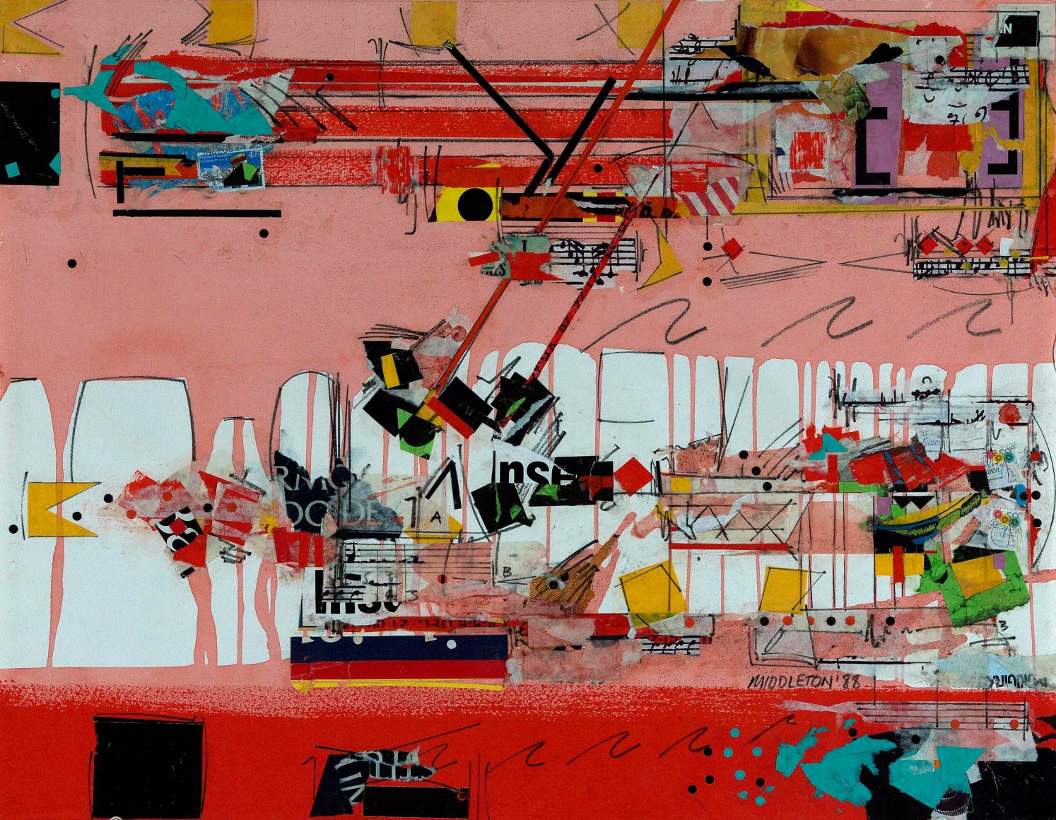 Sam Middleton, December, 1988, Mixed media collage, 19 1/4 x 25 inches, collage with peach and red vertical rectangles and torn paper.  Sam Middleton was one of the leading 20th-century American artists, and is a mixed-media collage artist.