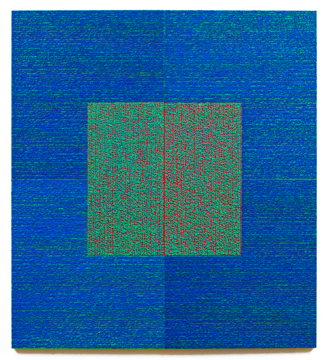 Louise P. Sloane, H Blues, 2011, Acrylic paints and pastes on wood panel, 80 inches x 72 inches (each panel is 80 x 36 inches), four rectangles and a central square (blue and cobalt) with personal text written in green over the squares to create three dimensional texture. Louise P. Sloane has been creating abstract paintings since 1974. Her works focus on geometric forms while celebrating color and texture.