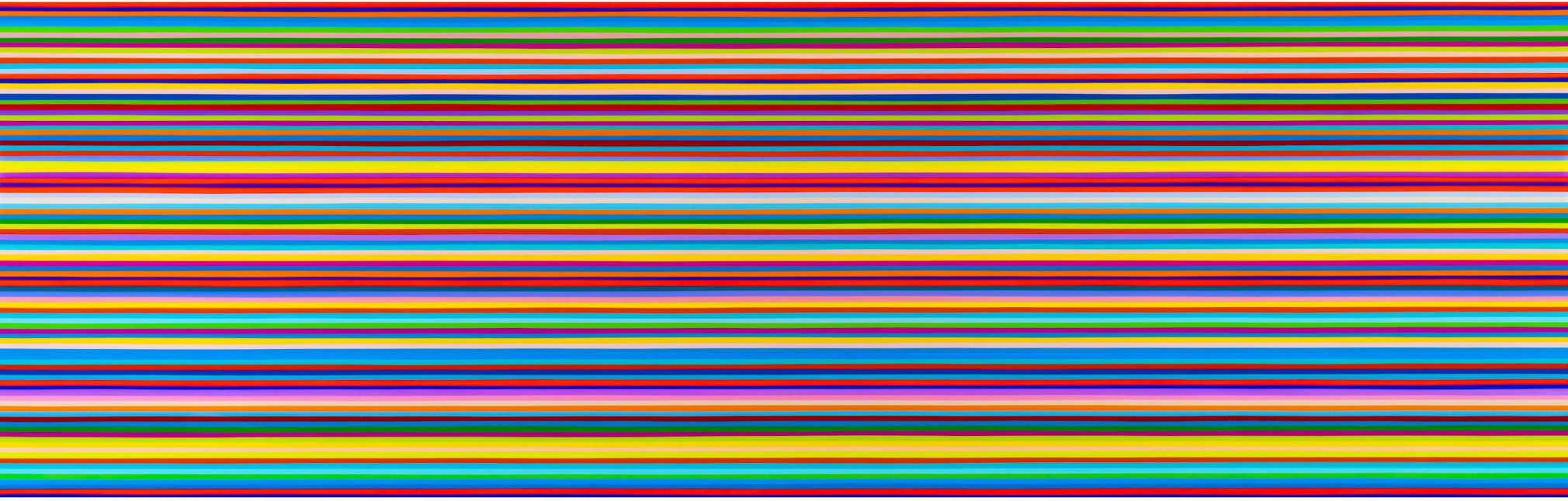 Heidi Spector, Only Love Can Save the Day, 2019, Liquitex with resin on Birch panel, 24 x 72 x 2 inches, Signed, titled and dated on the verso, Horizontal panel with bright and colorful thin stripes set in a glass-like surface, Heidi Spector creates geometric minimalist art inspired by musical rhythms that are composed of repetitive cubes in candy-like colors that vibrate.